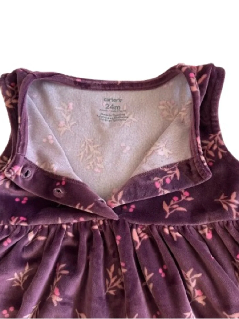 Carter's Girl' 24m Plum & Pink Floral Print Velvet Sleeveless Dress & Round Neck